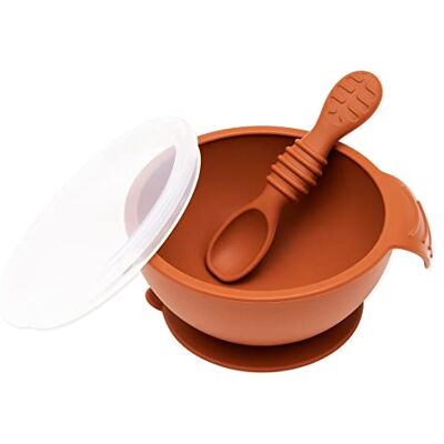 Bumkins Erstes Baby Fütterungsset aus Silikon mit Schüssel, Löffel und Deckel, Lehm Bumkins Erstes Baby Fütterungsset aus Silikon mit Schüssel, Löffel und Deckel, Lehm