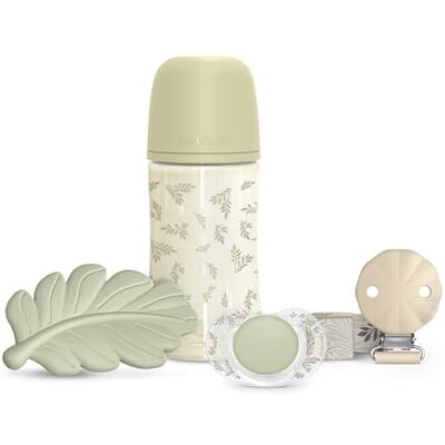 SUAVINEX , Geschenkset Babykorb Babys +0 Monate und Neugeborene. Schnuller 0/6 SX Pro Sauger + Schnullerkette + Anti-Kolik-Babyflasche SX Pro Sauger Mittlerer Durchfluss (M) 270 ml + Beißring, Grün SUAVINEX , Geschenkset Babykorb Babys +0 Monate und Neugeborene. Schnuller 0/6 SX Pro Sauger + Schnullerkette + Anti-Kolik-Babyflasche SX Pro Sauger Mittlerer Durchfluss (M) 270 ml + Beißring, Grün