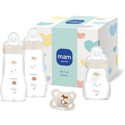 MAM Feel Good Glasflaschen-Set, 0+ Mon, 3 Flaschen & 1 Schnuller, beige MAM Feel Good Glasflaschen-Set, 0+ Mon, 3 Flaschen & 1 Schnuller, beige