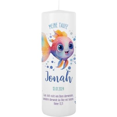 Striefchen ® Taufkerze 250/80 mm mit Tiermotiven und Aufdruck des Namen und Datum sowie Taufspruch (Regenbogenfisch) Striefchen ® Taufkerze 250/80 mm mit Tiermotiven und Aufdruck des Namen und Datum sowie Taufspruch (Regenbogenfisch)