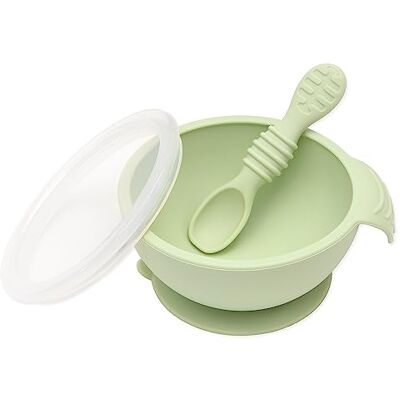 Bumkins Erstes Baby Fütterungsset aus Silikon, Salbei, Schüssel mit Saugfuß und Löffel Bumkins Erstes Baby Fütterungsset aus Silikon, Salbei, Schüssel mit Saugfuß und Löffel