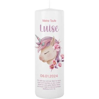 Striefchen ® Taufkerze 250/80 mm mit Tiermotiven und Aufdruck des Namen und Datum sowie Taufspruch (Einhorn) Striefchen ® Taufkerze 250/80 mm mit Tiermotiven und Aufdruck des Namen und Datum sowie Taufspruch (Einhorn)