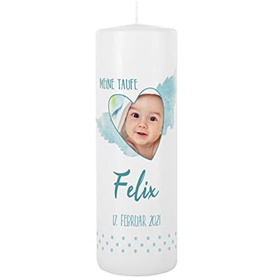 Striefchen ® Taufkerze mit Foto, Namen u. Taufdatum, blau 8 x 25 cm Herz mit Engelsflügeln Striefchen ® Taufkerze mit Foto, Namen u. Taufdatum, blau 8 x 25 cm Herz mit Engelsflügeln
