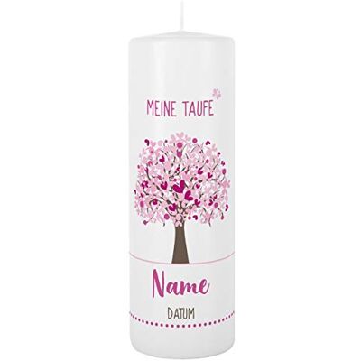 Striefchen ® Taufkerze 250/80 mm mit Lebensbaum und Aufdruck des Namen und Datum sowie Taufspruch Weiß Rosa Striefchen ® Taufkerze 250/80 mm mit Lebensbaum und Aufdruck des Namen und Datum sowie Taufspruch Weiß Rosa