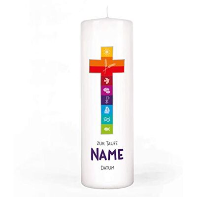 Striefchen ® Taufkerze mit buntem Kreuz, Namen u. Taufdatum sowie eigenen Taufspruch 8 x 25 cm Striefchen ® Taufkerze mit buntem Kreuz, Namen u. Taufdatum sowie eigenen Taufspruch 8 x 25 cm