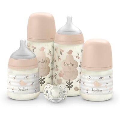 SUAVINEX , Babyflaschen-Set für Neugeborene, Geschenkset mit: 2 Flaschen 270 ml + 2 Flaschen 150 ml + Schnuller für 0 bis 6 Monate, physiologische SX Pro Silikon-Sauger, 5-tlg., +0M, Birdies Rosa SUAVINEX , Babyflaschen-Set für Neugeborene, Geschenkset mit: 2 Flaschen 270 ml + 2 Flaschen 150 ml + Schnuller für 0 bis 6 Monate, physiologische SX Pro Silikon-Sauger, 5-tlg., +0M, Birdies Rosa