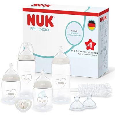 NUK First Choice Perfect Start Babyflaschen Geschenkset für Neugeborene 0–6 Monate 4 x Anti-Kolik-Trinkflaschen (150 ml, 300 ml), 2 x Sauger, 1 x Schnuller, 1 x Flaschenbürste Neutral 8 Stück NUK First Choice Perfect Start Babyflaschen Geschenkset für Neugeborene 0–6 Monate 4 x Anti-Kolik-Trinkflaschen (150 ml, 300 ml), 2 x Sauger, 1 x Schnuller, 1 x Flaschenbürste Neutral 8 Stück