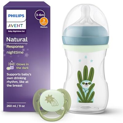 Philips Avent Natural Response Set für die Nacht – 260 ml Babyflasche mit mittlerer Durchflussrate (Mittel 3), im Dunklen leuchtender Ring, ultra soft Schnuller, Motiv müdes Faultier, SCD838/17 Philips Avent Natural Response Set für die Nacht – 260 ml Babyflasche mit mittlerer Durchflussrate (Mittel 3), im Dunklen leuchtender Ring, ultra soft Schnuller, Motiv müdes Faultier, SCD838/17