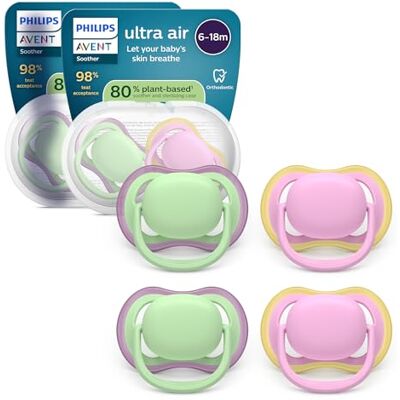 AVENT Philips ultra air Schnuller – kiefergerecht geformtes Design, für Babys, 6–18 Monate, weicher, symmetrischer Silikonsauger, BPA-frei, 2 Sterilisationsbehälter, 4er-Pack, SCF087/25 AVENT Philips ultra air Schnuller – kiefergerecht geformtes Design, für Babys, 6–18 Monate, weicher, symmetrischer Silikonsauger, BPA-frei, 2 Sterilisationsbehälter, 4er-Pack, SCF087/25