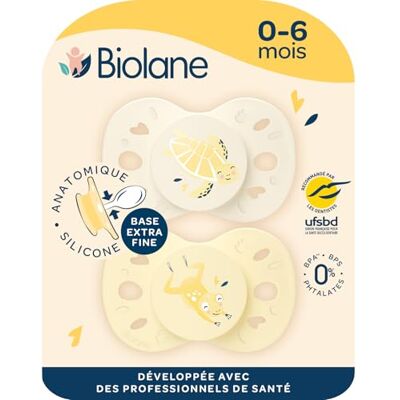Biolane Anatomisch geformter Sauger für Tiere, extrafeine Schnuller, 0 bis 6 Monate, Gelb und Beige, flacher und wendbarer Nippel, optimaler Komfort, Respekt für die Mundentwicklung, erneuerbare Biolane Anatomisch geformter Sauger für Tiere, extrafeine Schnuller, 0 bis 6 Monate, Gelb und Beige, flacher und wendbarer Nippel, optimaler Komfort, Respekt für die Mundentwicklung, erneuerbare