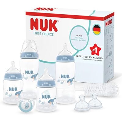 NUK First Choice Perfect Start Babyflaschen Geschenkset für Neugeborene 0–6 Monate 4x Anti-Kolik-Trinkflaschen (150 ml, 300 ml), 2x Sauger, 1x First Choice Schnuller, 1x Flaschenbürste Wal 8 St NUK First Choice Perfect Start Babyflaschen Geschenkset für Neugeborene 0–6 Monate 4x Anti-Kolik-Trinkflaschen (150 ml, 300 ml), 2x Sauger, 1x First Choice Schnuller, 1x Flaschenbürste Wal 8 St