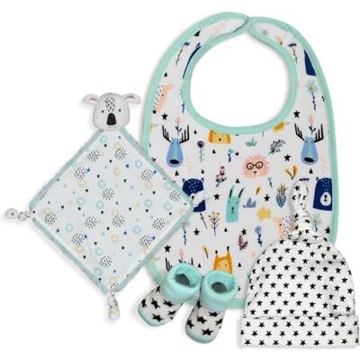 Interbaby Geschenkset für Neugeborene, Modell Koala, ca. 0 bis 6 Monate, 4-teiliges Set, bestehend aus Mütze, Dou Dou, Lätzchen und einem Peuko. Interbaby Geschenkset für Neugeborene, Modell Koala, ca. 0 bis 6 Monate, 4-teiliges Set, bestehend aus Mütze, Dou Dou, Lätzchen und einem Peuko.