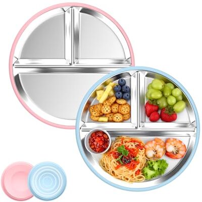 Ayciep Edelstahl Teller Baby mit Saugnapf, 2 Stück Kinderteller edelstahl, Ø20cm Edelstahl Baby Teller mit 1 Groß Saugnäpf, Abnehmbare Silikonhülle, BPA-frei, Rutschfeste, Babyteller, Graublau + Rosa Ayciep Edelstahl Teller Baby mit Saugnapf, 2 Stück Kinderteller edelstahl, Ø20cm Edelstahl Baby Teller mit 1 Groß Saugnäpf, Abnehmbare Silikonhülle, BPA-frei, Rutschfeste, Babyteller, Graublau + Rosa