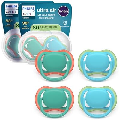AVENT Philips ultra air Schnuller – kiefergerecht geformtes Design, für Babys, 6–18 Monate, weicher, symmetrischer Silikonsauger, BPA-frei, 2 Sterilisationsbehälter, 4er-Pack, SCF087/24 AVENT Philips ultra air Schnuller – kiefergerecht geformtes Design, für Babys, 6–18 Monate, weicher, symmetrischer Silikonsauger, BPA-frei, 2 Sterilisationsbehälter, 4er-Pack, SCF087/24