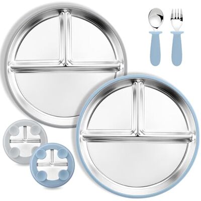 Neuytiky 2 Stück Edelstahl-Baby-Saugnapfteller & 1er-Pack Löffel und Gabeln, Silikon Babyteller Rutschfest, Baby-Fütterungsset, Babyteller Mit Saugnapf, BPA-frei Und Spülmaschinenfest Neuytiky 2 Stück Edelstahl-Baby-Saugnapfteller & 1er-Pack Löffel und Gabeln, Silikon Babyteller Rutschfest, Baby-Fütterungsset, Babyteller Mit Saugnapf, BPA-frei Und Spülmaschinenfest