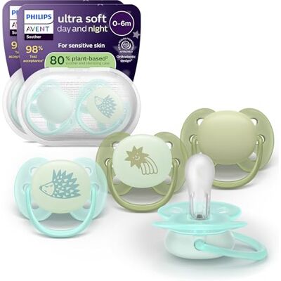 AVENT Philips Ultra Soft Schnuller für Tag und Nacht – kiefergerecht, für Babys 0–6 Monate, leuchtet im Dunklen, symmetrische Form aus weichem Silikon, BPA-frei, 4er-Pack, SCF094/09 AVENT Philips Ultra Soft Schnuller für Tag und Nacht – kiefergerecht, für Babys 0–6 Monate, leuchtet im Dunklen, symmetrische Form aus weichem Silikon, BPA-frei, 4er-Pack, SCF094/09