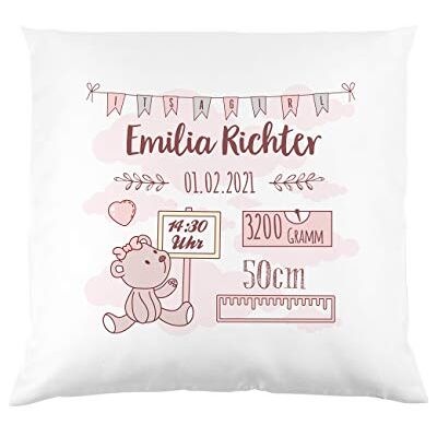 Striefchen ® Kissen als Geschenk zur Taufe oder Geburt mit Namen & Datum Teddybär Babygeschenk oder Geburtskissen Mädchen Striefchen ® Kissen als Geschenk zur Taufe oder Geburt mit Namen & Datum Teddybär Babygeschenk oder Geburtskissen Mädchen