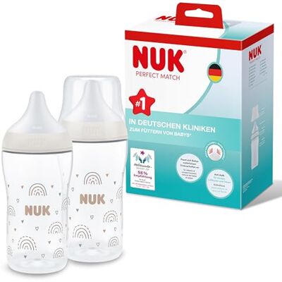 NUK Perfect Match Babyflaschenset Ab 3 Monate Passt sich dem Baby an Temperature Control Anti-Colic 260 ml BPA-frei Silikontrinksauger, Medium Regenbogen 2 Stück NUK Perfect Match Babyflaschenset Ab 3 Monate Passt sich dem Baby an Temperature Control Anti-Colic 260 ml BPA-frei Silikontrinksauger, Medium Regenbogen 2 Stück