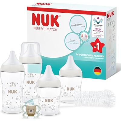 NUK Perfect Match Perfect Start Babyflaschen Geschenkset für Neugeborene 0–6 Monate 4 x Anti-Kolik-Flaschen (150 ml, 260 ml), 1 x Air Schnuller, 1 x Flaschenbürste Regenbogen 6 Stück NUK Perfect Match Perfect Start Babyflaschen Geschenkset für Neugeborene 0–6 Monate 4 x Anti-Kolik-Flaschen (150 ml, 260 ml), 1 x Air Schnuller, 1 x Flaschenbürste Regenbogen 6 Stück