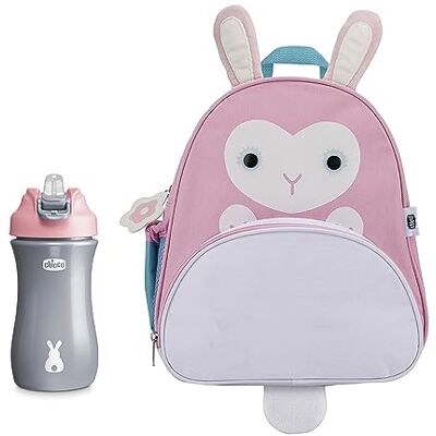 Chicco Hasen-Rucksack und Pop-Up-Becher-Set, praktisches Set bestehend aus rosa Hasen-Rucksack und rosa 350 ml Pop-Up-Becher, Trinklernbecher für Kinder, 2 Jahre + Chicco Hasen-Rucksack und Pop-Up-Becher-Set, praktisches Set bestehend aus rosa Hasen-Rucksack und rosa 350 ml Pop-Up-Becher, Trinklernbecher für Kinder, 2 Jahre +