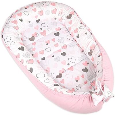 PIMKO Babynestchen 2seitig Kuschelnest Kokon für Babys Nestchen antiallergischre Neugeborene Kokon Baby Nest 90 x 55cm Baumwolle und Velvet (Rosa Herzen) PIMKO Babynestchen 2seitig Kuschelnest Kokon für Babys Nestchen antiallergischre Neugeborene Kokon Baby Nest 90 x 55cm Baumwolle und Velvet (Rosa Herzen)