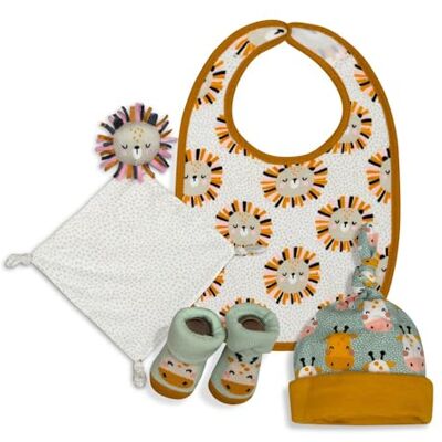 Interbaby Geschenkset für Neugeborene, Modell Löwe, ca. 0 bis 6 Monate, 4-teiliges Set, bestehend aus Mütze, Dou Dou, Lätzchen und Peucos Interbaby Geschenkset für Neugeborene, Modell Löwe, ca. 0 bis 6 Monate, 4-teiliges Set, bestehend aus Mütze, Dou Dou, Lätzchen und Peucos