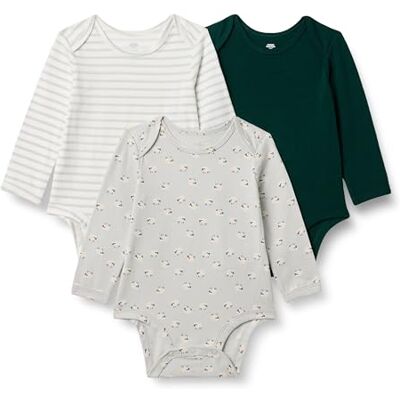 Amazon x Sofia Grainge Unisex Baby Langärmliger Body mit Rundhalsausschnitt, 3er Pack, Dunkelgrün/Schaf/Streifen, 0-3 Monate Amazon x Sofia Grainge Unisex Baby Langärmliger Body mit Rundhalsausschnitt, 3er Pack, Dunkelgrün/Schaf/Streifen, 0-3 Monate