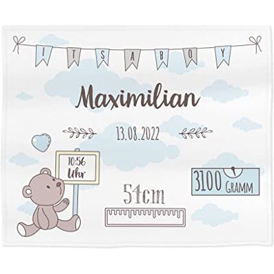 Striefchen ® Baby Kuscheldecke zur Geburt, 120 x 100 cm, für Jungen und Mädchen, Teddy Motiv mit Wunschangaben Blau Striefchen ® Baby Kuscheldecke zur Geburt, 120 x 100 cm, für Jungen und Mädchen, Teddy Motiv mit Wunschangaben Blau