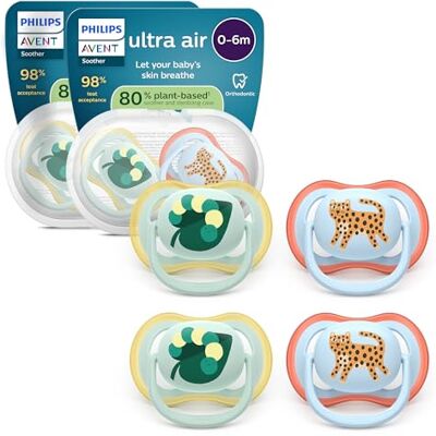 AVENT Philips ultra air Schnuller – kiefergerecht geformtes Design, für Babys, 0–6 Monate, weicher, symmetrischer Silikonsauger, BPA-frei, 2 Sterilisationsbehälter, 4er-Pack, SCF087/19 AVENT Philips ultra air Schnuller – kiefergerecht geformtes Design, für Babys, 0–6 Monate, weicher, symmetrischer Silikonsauger, BPA-frei, 2 Sterilisationsbehälter, 4er-Pack, SCF087/19