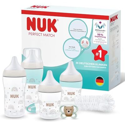 NUK Perfect Match Perfect Start Babyflaschen Geschenkset für Neugeborene 0–6 Monate 4 x Anti-Kolik-Flaschen (150 ml, 260 ml), 2x Sauger, 1x Air Schnuller, 1x Flaschenbürste Regenbogen 8 Stück NUK Perfect Match Perfect Start Babyflaschen Geschenkset für Neugeborene 0–6 Monate 4 x Anti-Kolik-Flaschen (150 ml, 260 ml), 2x Sauger, 1x Air Schnuller, 1x Flaschenbürste Regenbogen 8 Stück