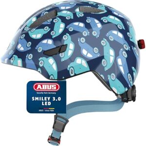 Abus Kinderhelm Smiley 3.0 LED Fahrradhelm mit Licht tiefe Passform & Platz für einen Zopf für Mädchen und Jungs Blau mit Auto-Muster, Größe S Abus Kinderhelm Smiley 3.0 LED Fahrradhelm mit Licht tiefe Passform & Platz für einen Zopf für Mädchen und Jungs Blau mit Auto-Muster, Größe S