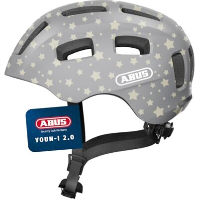 Abus Fahrradhelm Youn-I 2.0 mit Licht für Kinder, Jugendliche und junge Erwachsene für Mädels und Jungs Grau mit Stern-Muster, Größe M Abus Fahrradhelm Youn-I 2.0 mit Licht für Kinder, Jugendliche und junge Erwachsene für Mädels und Jungs Grau mit Stern-Muster, Größe M