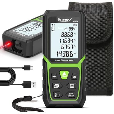 Huepar Laser Entfernungsmesser 100M mit Li-Ion-Akku, mit LCD Hintergrundbeleuchtung M/In/Ft mit Mehreren Messmodi wie Pythagoras/Abstand/Fläche/Volumen Messungen, Verwendung in Innenräumen LM100A Huepar Laser Entfernungsmesser 100M mit Li-Ion-Akku, mit LCD Hintergrundbeleuchtung M/In/Ft mit Mehreren Messmodi wie Pythagoras/Abstand/Fläche/Volumen Messungen, Verwendung in Innenräumen LM100A