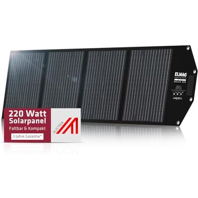 ELMAG Faltbares Solarpanel SOLAR 220 Monokristallines 220W Solarmodul für tragbare Powerstations 18V DC Solarpanel mit integrierten Stützfüßen Ideal für Outdoor, Camping & Wohnmobil ELMAG Faltbares Solarpanel SOLAR 220 Monokristallines 220W Solarmodul für tragbare Powerstations 18V DC Solarpanel mit integrierten Stützfüßen Ideal für Outdoor, Camping & Wohnmobil