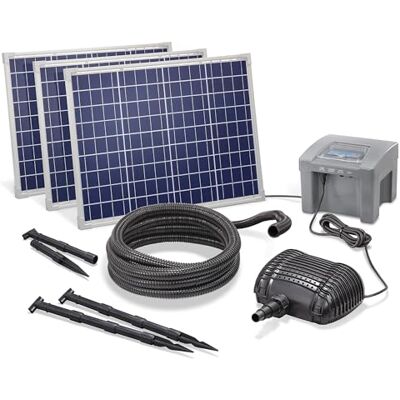 Esotec Solar Bachlaufpumpe Wasserfallpumpe Akku 150/3500 101976 Solar Bachlaufpumpe 3500l/h mit proBatt Akkubox, 3x50Wp Solarmodule, 3 Betriebsmodi, IP68, 5m Spiralschlauch, 25/32/38mm Esotec Solar Bachlaufpumpe Wasserfallpumpe Akku 150/3500 101976 Solar Bachlaufpumpe 3500l/h mit proBatt Akkubox, 3x50Wp Solarmodule, 3 Betriebsmodi, IP68, 5m Spiralschlauch, 25/32/38mm