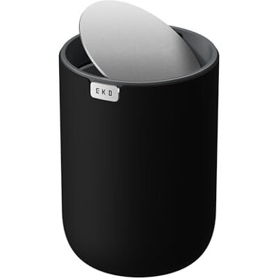 EKO Mini Tischmülleimer mit Deckel, 1,5 L Kosmetikeimer Schwarz, Kleiner Tischabfalleimer für Bad, Schreibtisch, Schlafzimmer und Wohnmobil, Mülleimer mit Edelstahl-Sockel, Small Table Bin, Papierkorb EKO Mini Tischmülleimer mit Deckel, 1,5 L Kosmetikeimer Schwarz, Kleiner Tischabfalleimer für Bad, Schreibtisch, Schlafzimmer und Wohnmobil, Mülleimer mit Edelstahl-Sockel, Small Table Bin, Papierkorb
