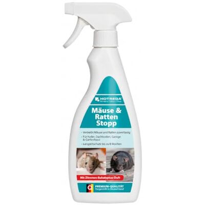 HOTREGA Mäuse & Ratten Stopp Spray 500ml Repellent bis zu 8 Wochen Schutz Geraniol-Wirkstoff Nagetierabwehr für Keller, Garage, Dachboden & Gartenhaus Zitronen-Eukalyptus-Duft HOTREGA Mäuse & Ratten Stopp Spray 500ml Repellent bis zu 8 Wochen Schutz Geraniol-Wirkstoff Nagetierabwehr für Keller, Garage, Dachboden & Gartenhaus Zitronen-Eukalyptus-Duft