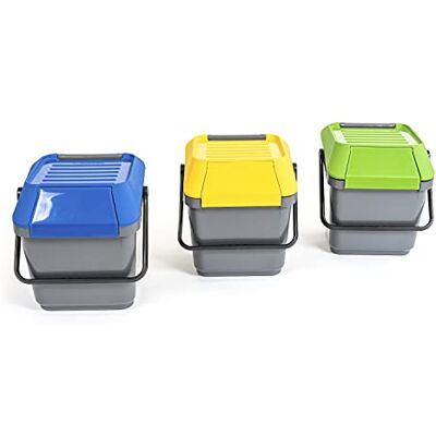 MATTIUSSI EASYMAX: Platzsparende stapelbare Abfalleimer Mülleimer für Mülltrennung, je 35 Liter, 3 Stücke (grau mit gelben blauen und grünen Deckeln) MATTIUSSI EASYMAX: Platzsparende stapelbare Abfalleimer Mülleimer für Mülltrennung, je 35 Liter, 3 Stücke (grau mit gelben blauen und grünen Deckeln)