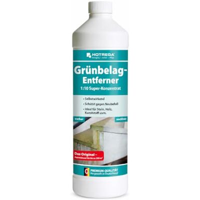 HOTREGA Grünbelagentferner 1:10 Super-Konzentrat 1 Liter Algenentferner Reiniger für Stein, Holz & Kunststoff pH-neutral & chlorfrei Schutz vor Neubefall an Terrasse, Fassade oder Dach HOTREGA Grünbelagentferner 1:10 Super-Konzentrat 1 Liter Algenentferner Reiniger für Stein, Holz & Kunststoff pH-neutral & chlorfrei Schutz vor Neubefall an Terrasse, Fassade oder Dach