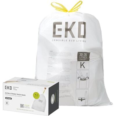 EKO reißfest Müllbeutel mit Zugband, 30–35 Liter Müllsäcke, 60 Beutel, extra stark, auslaufsichere und geruchsdichte Mülltüten mit sicherem Halt am Mülleimer, Schnellzugriffsbox, weiß, Größe K EKO reißfest Müllbeutel mit Zugband, 30–35 Liter Müllsäcke, 60 Beutel, extra stark, auslaufsichere und geruchsdichte Mülltüten mit sicherem Halt am Mülleimer, Schnellzugriffsbox, weiß, Größe K