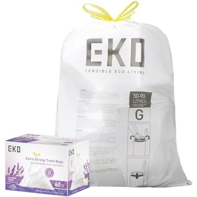 EKO Müllbeutel mit Kordelzug, extra starke Müllbeutel, Lavendelduft mit kontinuierlicher Geruchskontrolle, einfache Dosierrolle für Küche und Haushalt, Code G, 50–90 Liter, 60 Stück, Weiß EKO Müllbeutel mit Kordelzug, extra starke Müllbeutel, Lavendelduft mit kontinuierlicher Geruchskontrolle, einfache Dosierrolle für Küche und Haushalt, Code G, 50–90 Liter, 60 Stück, Weiß