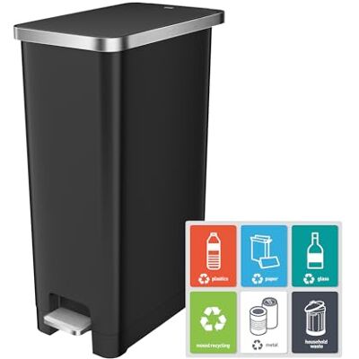EKO Hana Slim 30L Kücheneimer, Tret-Mülleimer mit Absenkautomatik und offenem Deckel, platzsparender Recycling-Mülleimer für Zuhause oder Büro, Schwarz EKO Hana Slim 30L Kücheneimer, Tret-Mülleimer mit Absenkautomatik und offenem Deckel, platzsparender Recycling-Mülleimer für Zuhause oder Büro, Schwarz