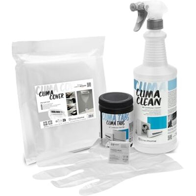 ERRECHOME Klimaanlagen-Reinigungskit, enthält Clima Clean 1L Reiniger für Innengeräte und Filter, Clima Cover Schutzhülle, Clima Tabs 40 Tabletten für die Reinigung des Kondensatabflusses, Handschuhe ERRECHOME Klimaanlagen-Reinigungskit, enthält Clima Clean 1L Reiniger für Innengeräte und Filter, Clima Cover Schutzhülle, Clima Tabs 40 Tabletten für die Reinigung des Kondensatabflusses, Handschuhe