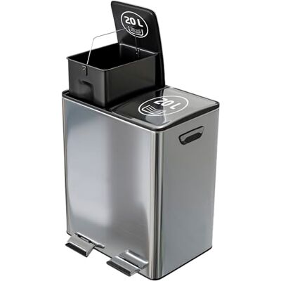 Amig Doppelte Recycling-Mülleimer mit Pedalen Mod. RECIK EVO 40 L 2 separate Behälter mit je 20 L 2x20L Edelstahl 45 x 30 x 52 cm Silber Amig Doppelte Recycling-Mülleimer mit Pedalen Mod. RECIK EVO 40 L 2 separate Behälter mit je 20 L 2x20L Edelstahl 45 x 30 x 52 cm Silber