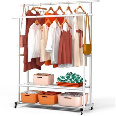 VOUNOT ® Kleiderständer auf Rollen, Kleiderstange Doppelt, Garderobenständer Metall mit 2 Aufbewahrungsablagen, Stabil, Schwerlast, für Schlafzimmer Flur Ankleidezimmer, 120x40x146cm Weiß VOUNOT ® Kleiderständer auf Rollen, Kleiderstange Doppelt, Garderobenständer Metall mit 2 Aufbewahrungsablagen, Stabil, Schwerlast, für Schlafzimmer Flur Ankleidezimmer, 120x40x146cm Weiß