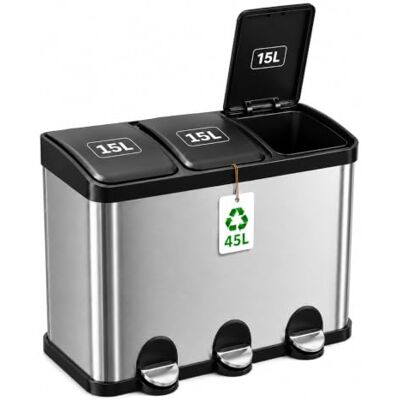 Amig Dreifacher Mülleimer mit Pedalen 45 Liter Mod. RECIK3-3 herausnehmbare 15-Liter-Fächer Recyclingbehälter für die Küche Edelstahl 60 x 37 x 49 cm Silber Amig Dreifacher Mülleimer mit Pedalen 45 Liter Mod. RECIK3-3 herausnehmbare 15-Liter-Fächer Recyclingbehälter für die Küche Edelstahl 60 x 37 x 49 cm Silber