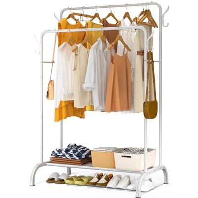 VOUNOT ® Kleiderständer, Kleiderstange Doppelt, Garderobenständer Metall mit Schuhregal und 4 seitlichen Haken, Stabil, Schwerlast, für Schlafzimmer Flur Ankleidezimmer, 110x58x150cm Weiß VOUNOT ® Kleiderständer, Kleiderstange Doppelt, Garderobenständer Metall mit Schuhregal und 4 seitlichen Haken, Stabil, Schwerlast, für Schlafzimmer Flur Ankleidezimmer, 110x58x150cm Weiß