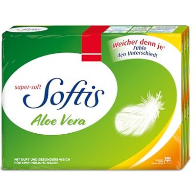 Softis Aloe Vera, 300 (30 x 10) Päckchen Taschentücher, 4-lagig Taschentücher mit feinem Duft und Aloe Vera Lotion, Seitliche Öffnung zur hygienischen Tuchentnahme, FSC-zertifiziert Softis Aloe Vera, 300 (30 x 10) Päckchen Taschentücher, 4-lagig Taschentücher mit feinem Duft und Aloe Vera Lotion, Seitliche Öffnung zur hygienischen Tuchentnahme, FSC-zertifiziert