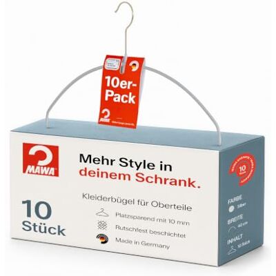 MAWA Kleiderbügel, Set mit 10 hochwertigen, platzsparenden, rutschfesten Kleiderbügeln, ideal für T-Shirts und Pullover, mit 360° drehbarem Haken und Rutschfester Beschichtung, 40 cm, Silber MAWA Kleiderbügel, Set mit 10 hochwertigen, platzsparenden, rutschfesten Kleiderbügeln, ideal für T-Shirts und Pullover, mit 360° drehbarem Haken und Rutschfester Beschichtung, 40 cm, Silber