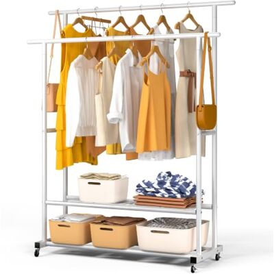 VOUNOT ® Kleiderständer auf Rollen, Kleiderstange Doppelt, Garderobenständer Metall mit 2 Aufbewahrungsablagen, Stabil, Schwerlast, für Schlafzimmer Flur Ankleidezimmer, 121x40x147cm Weiß VOUNOT ® Kleiderständer auf Rollen, Kleiderstange Doppelt, Garderobenständer Metall mit 2 Aufbewahrungsablagen, Stabil, Schwerlast, für Schlafzimmer Flur Ankleidezimmer, 121x40x147cm Weiß